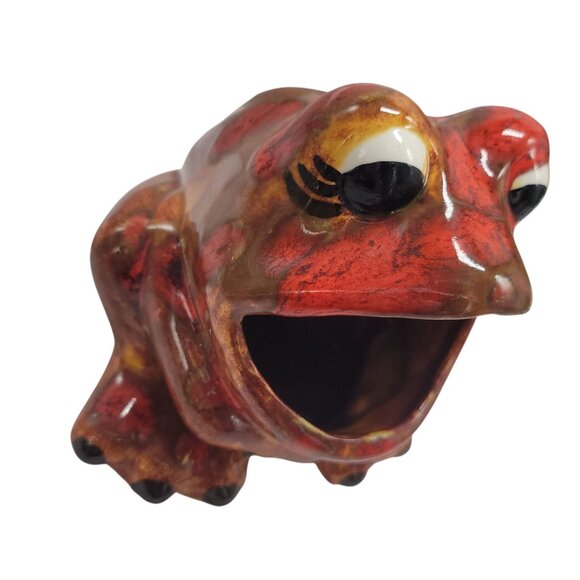 Vtg Ceramic Frog Sponge Holder Hand-painted 1970s Big Mouth Splatter Red Brown - Picture 8 of 15